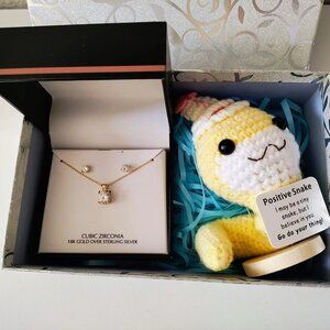CZ Pendant Necklace & Stud Earrings Set 18K Gold Over Silver w/ Plush Gift Box